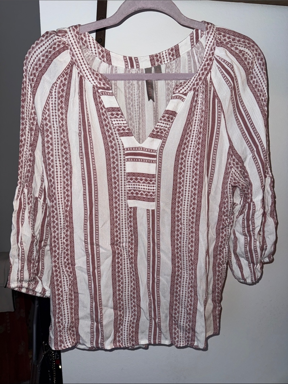 Striped V-Neck Peasant Tunic in Cream and Dusty Rose